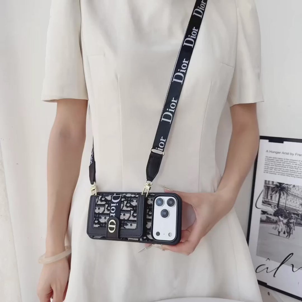 Dior Leather Phone Case With Card Wallet And Strap For iPhone 17 / 16 / 15 / 14