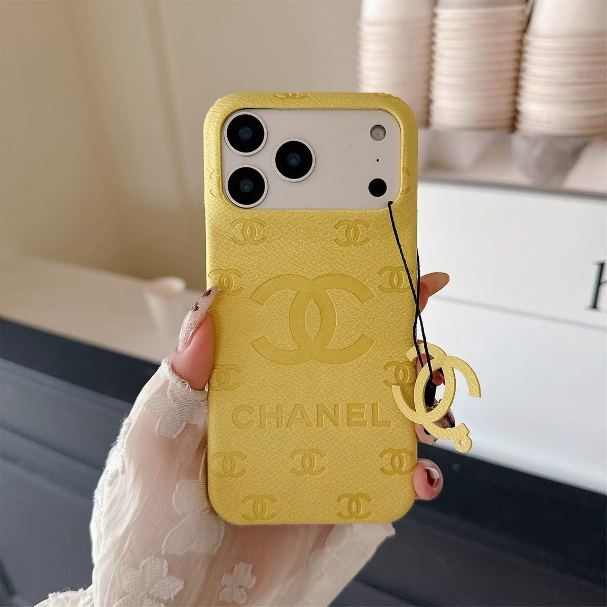 CHN Monogram Stamped Leather Case with CC Ring Charm