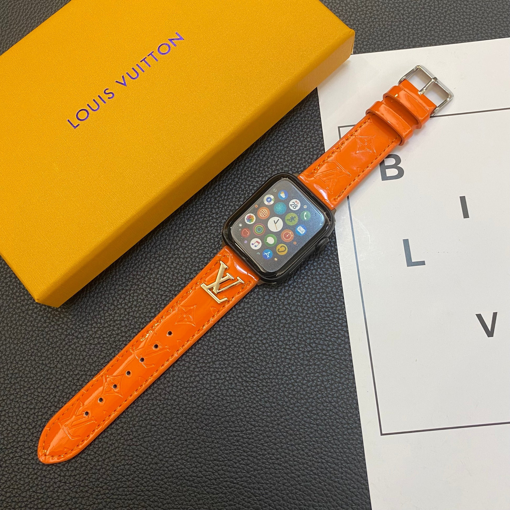 GLOSSY LEATHER APPLE WATCH STRAP LUXURY METAL LOGO Roxy New 2