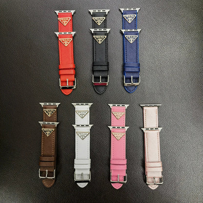 Double Triangle Monogram Label Leather Apple Watch Band Roxy New