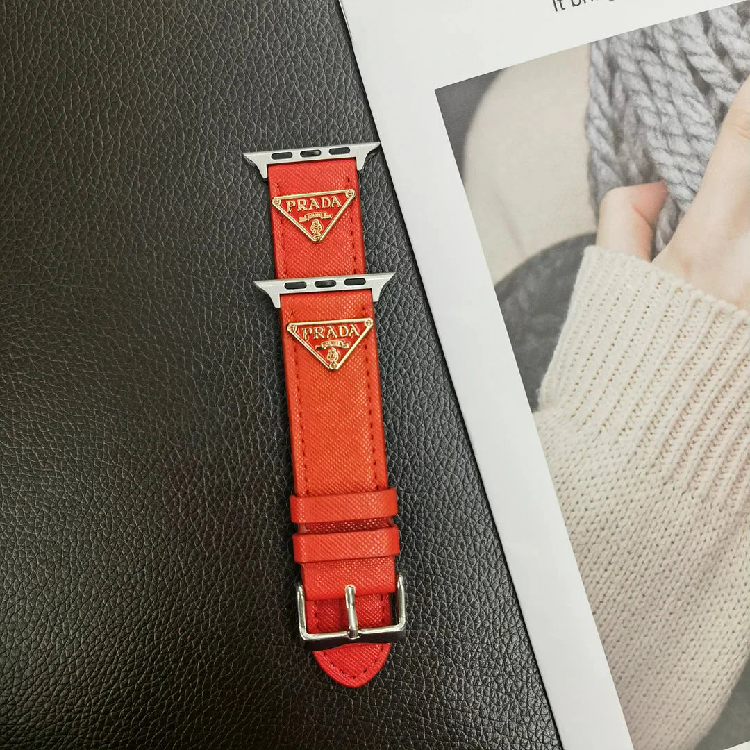 Double Triangle Monogram Label Leather Apple Watch Band Roxy New