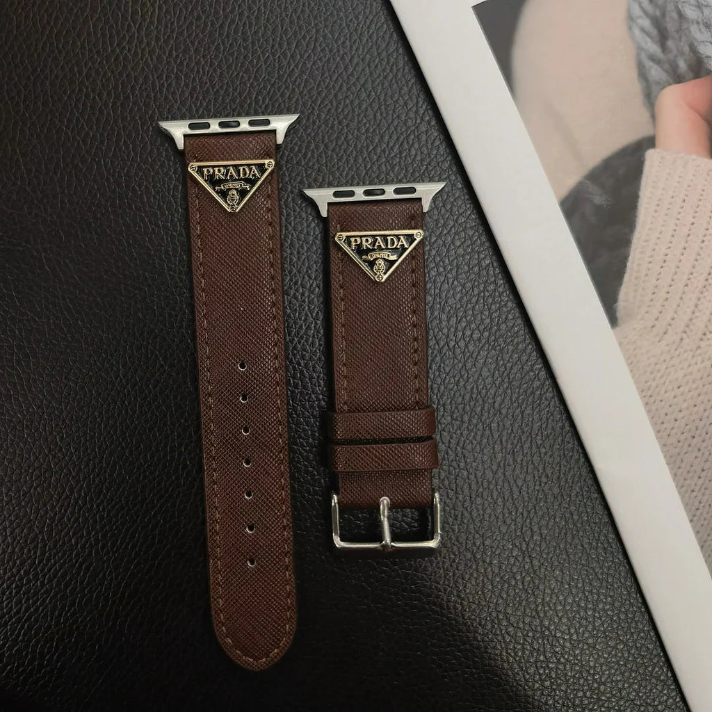 Double Triangle Monogram Label Leather Apple Watch Band Roxy New