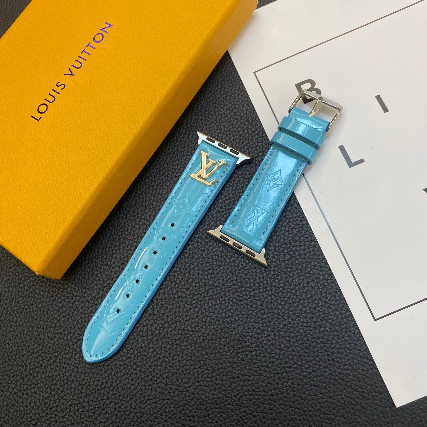 GLOSSY LEATHER APPLE WATCH STRAP LUXURY METAL LOGO Roxy New 2