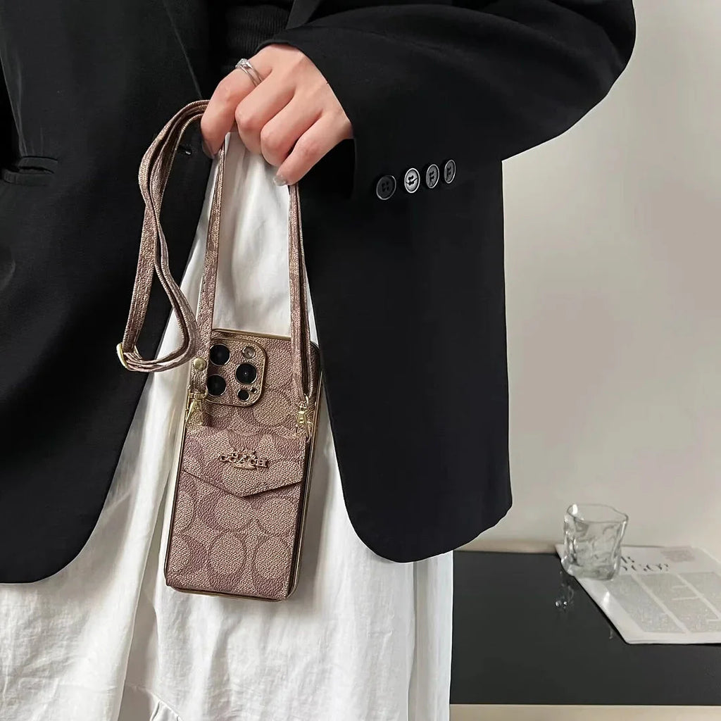 Coach Luxury Logo Accordion Card Holder Leather Crossbody Apple iPhone Case Roxy New 2