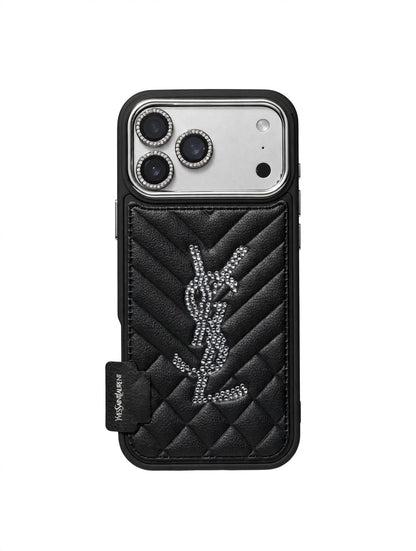 Luxury Rhinestone YSL Quilted Leather Phone Case For iPhone 13-18 Pro & Pro Max