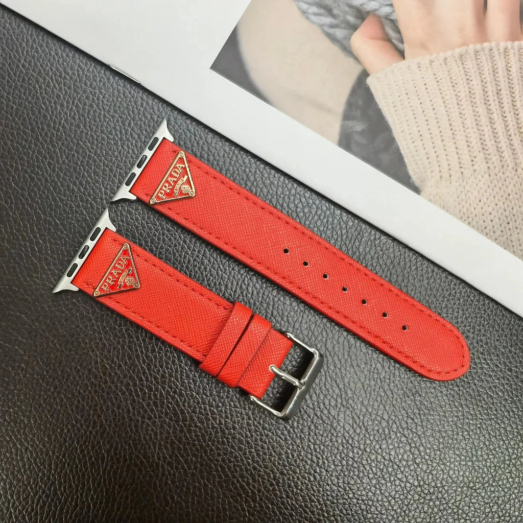 Double Triangle Monogram Label Leather Apple Watch Band Roxy New
