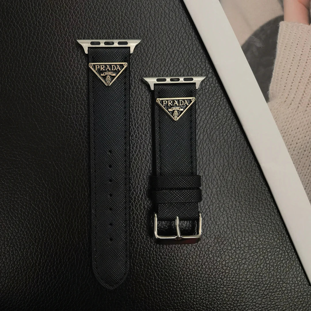 Double Triangle Monogram Label Leather Apple Watch Band Roxy New