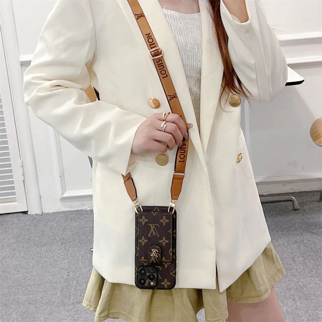 Monogram Canvas Leather Button Card Holder Crossbody iPhone Case Roxy New 2