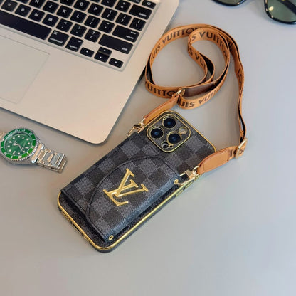 Luxury Crossbody Wallet iPhone Case | Designer Logo Card Holder with Adjustable Lanyard
