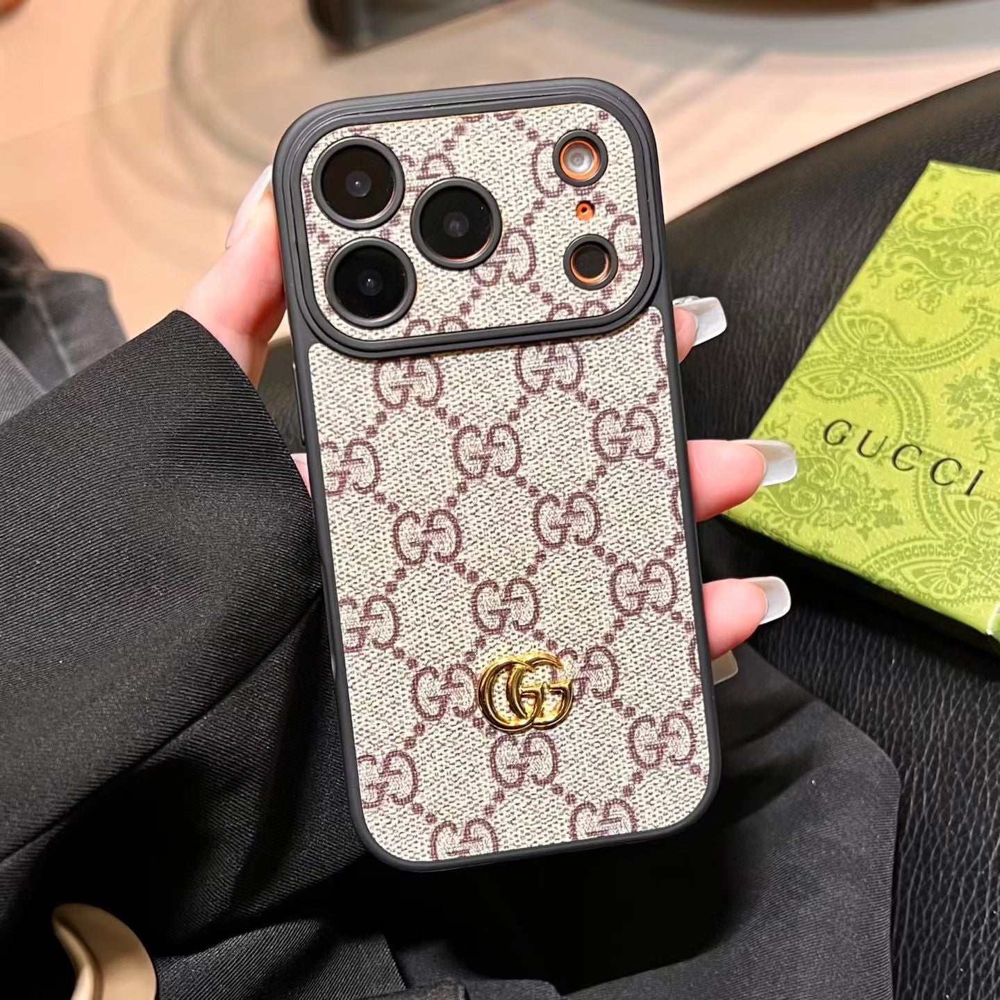 Luxury GG iPhone Case with Interchangeable Camera Lens Frames