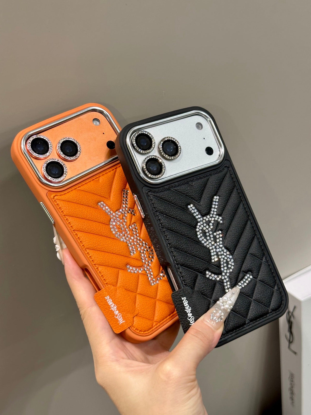 Luxury Rhinestone YSL Quilted Leather Phone Case For iPhone 13-18 Pro & Pro Max