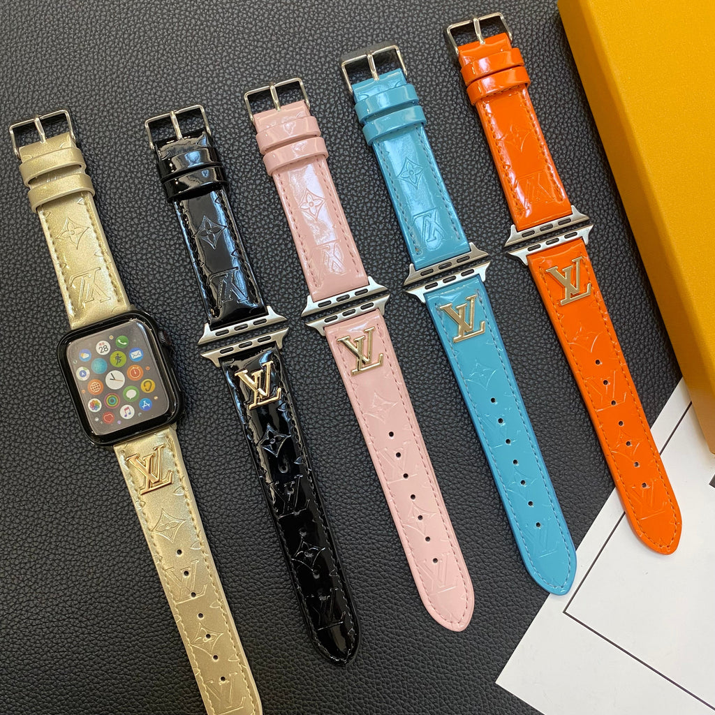 GLOSSY LEATHER APPLE WATCH STRAP LUXURY METAL LOGO Roxy New 2