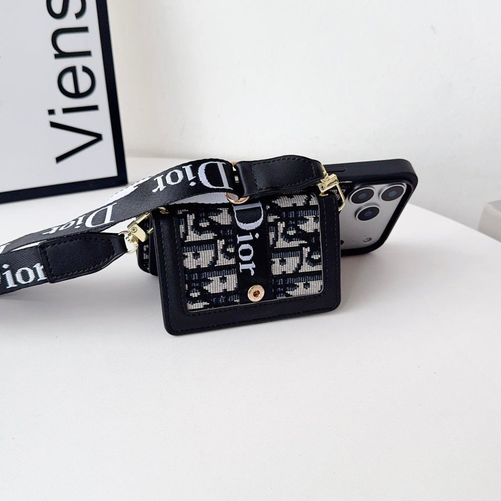Dior Leather Phone Case With Card Wallet And Strap For iPhone 17 / 16 / 15 / 14