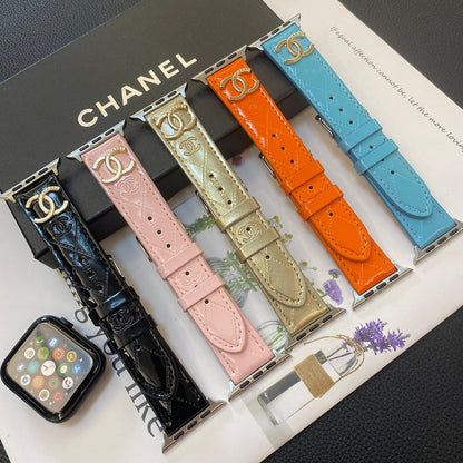 Glossy Leather Apple Watch Strap Luxury Metal Logo Roxy New 2
