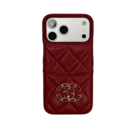 CH Quilted Caviar Leather Case with Chain Logo Emblem for iPhone 13-18 Pro & Pro Max