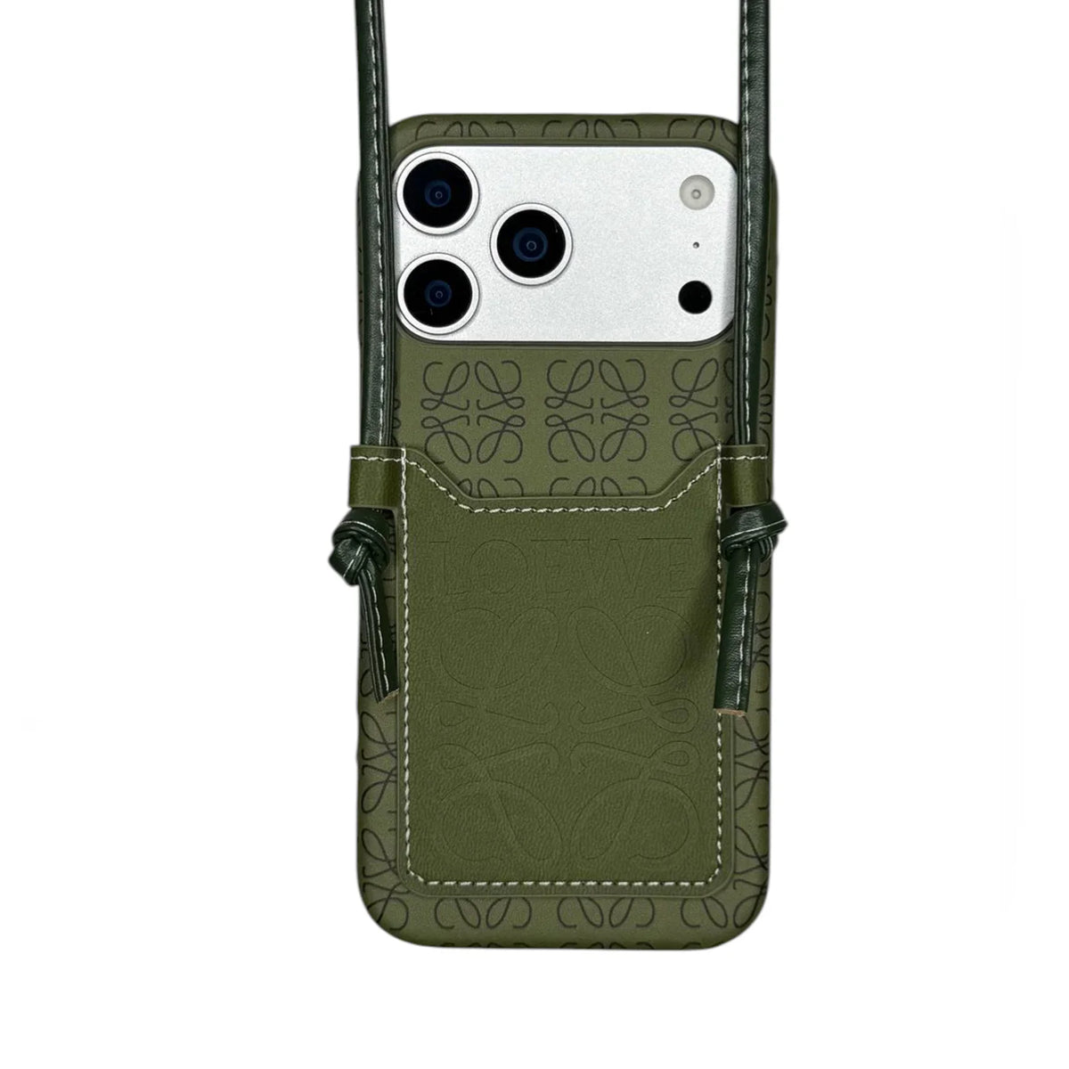 LW Monogram Embossed Leather Wallet Case with Knotted Crossbody Strap for iPhone 12-18 Pro & Pro Max
