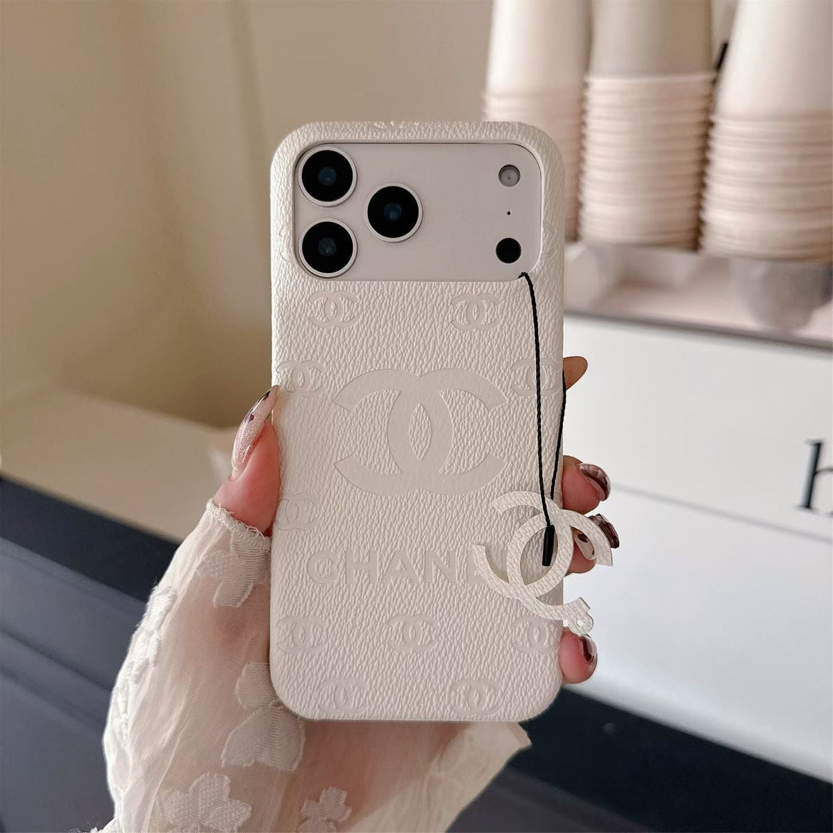 CHN Monogram Stamped Leather Case with CC Ring Charm