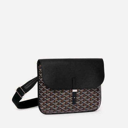 Luxury Goyardine canvas messenger bag in black with black leather flap
