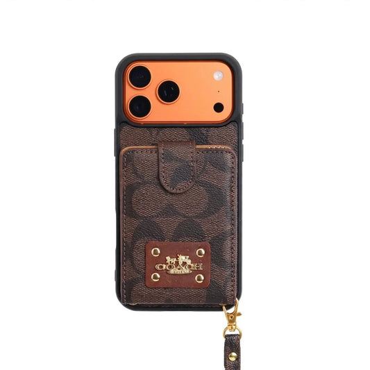 Luxury Monogram Card Holder Phone Case with Strap for iPhone 12-18 Series