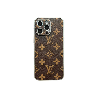LV Style Soft Monogram Case with Gold Border for iPhone 12-18 Pro & Pro Max
