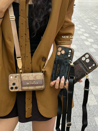 Premium Leather Coach Phone Case with Wallet and Strap for iPhone 12-18 Pro & Pro Max