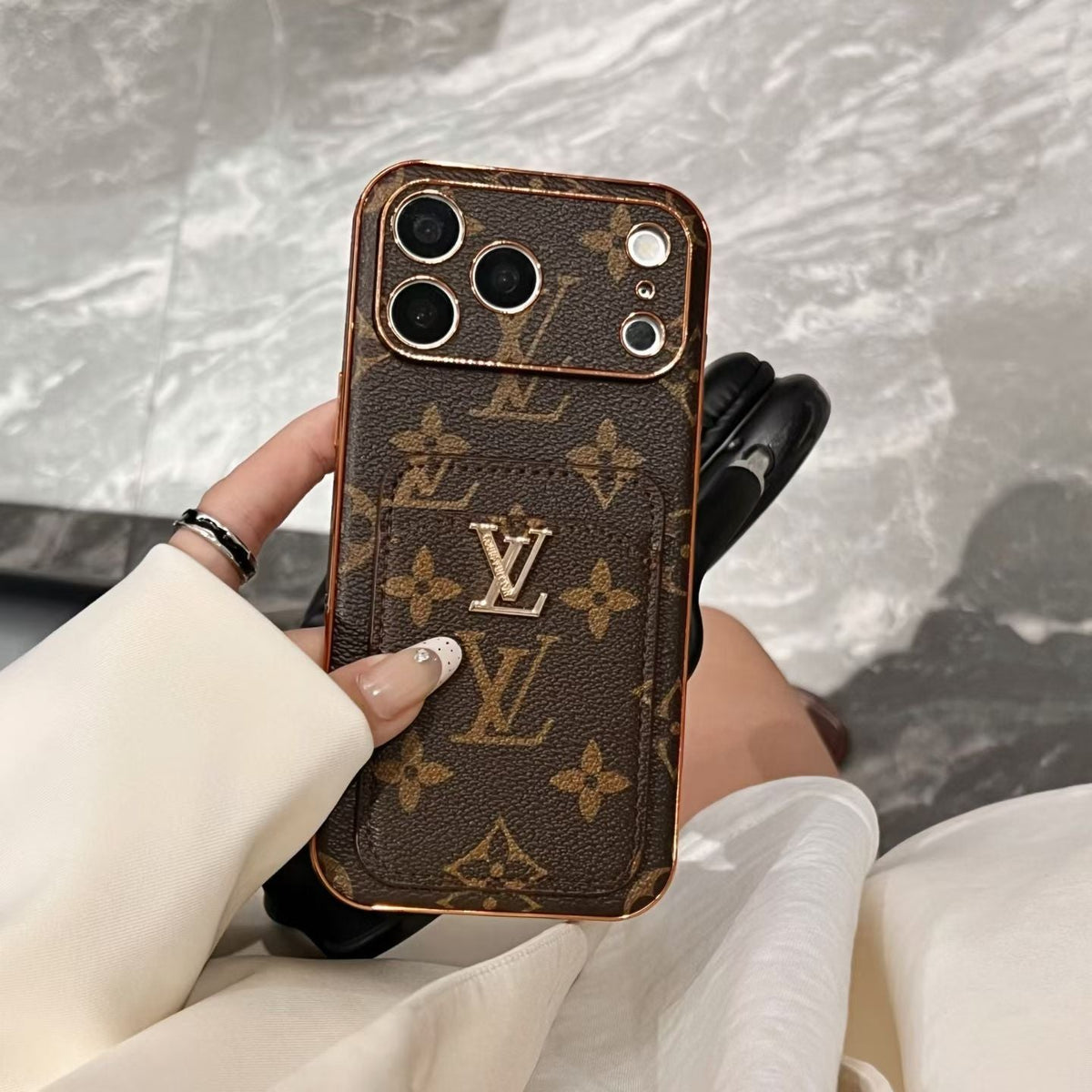 Elegant LV Leather iPhone Case with Card Holder For iPhone 13-18 Pro & Pro Max