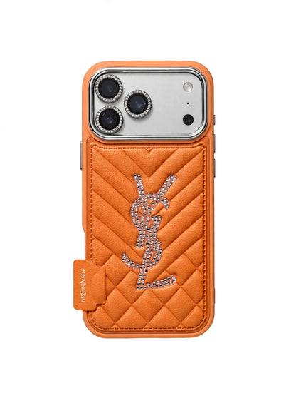 Luxury Rhinestone YSL Quilted Leather Phone Case For iPhone 13-18 Pro & Pro Max