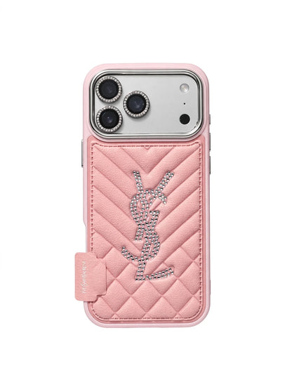 Luxury Rhinestone YSL Quilted Leather Phone Case For iPhone 13-18 Pro & Pro Max