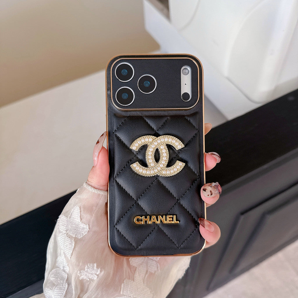 Leather Chanel Phone Case Diamond Logo with Gold Label For iPhone 17/ 16 /15 / 14
