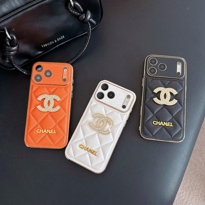 Chanel Quilted Leather Case with Rhinestone CC Logo for iPhone 12-18 Pro & Pro Max