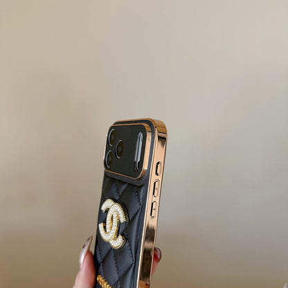 Chanel Quilted Leather Case with Rhinestone CC Logo for iPhone 12-18 Pro & Pro Max