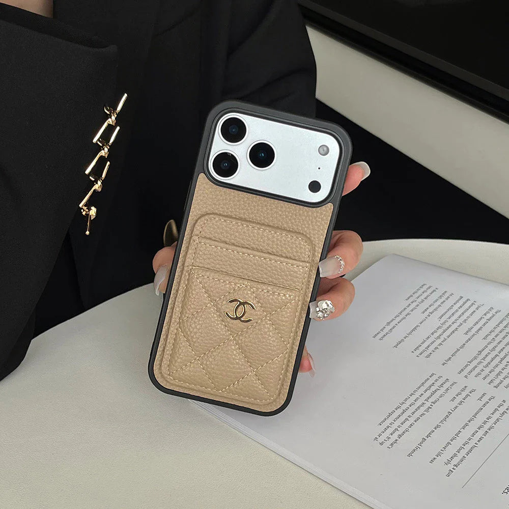 Leather Phone Case and Two Card Slots with Gold Label For iPhone 17/ 16 /15 / 14