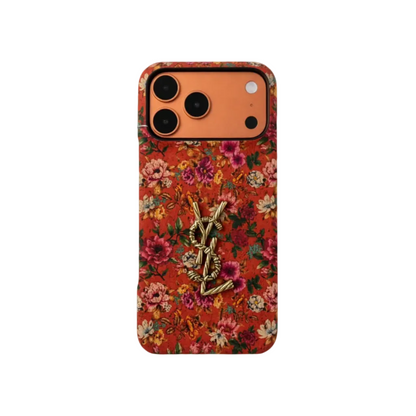 Luxury Vintage Floral Phone Case with Gold Twisted YSL Emblem for iPhone 12-18 Pro & Pro Max