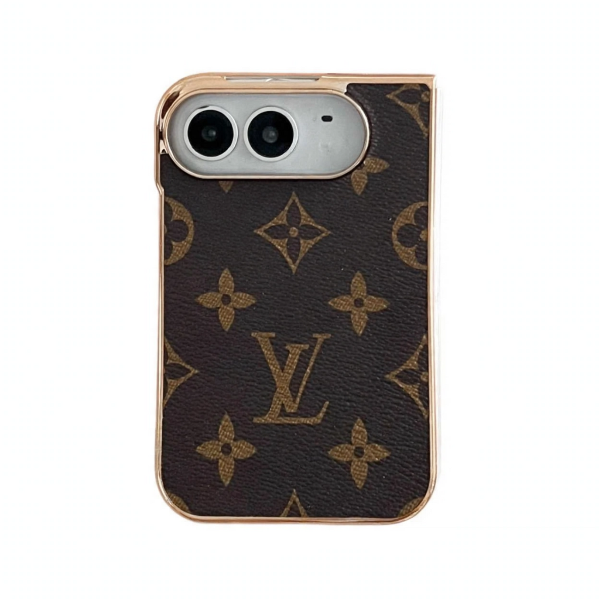 Premium Monogram Leather Folding Case with Gold Trim for iPhone Duo