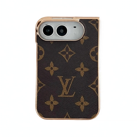 Premium Monogram Leather Folding Case with Gold Trim for iPhone Duo