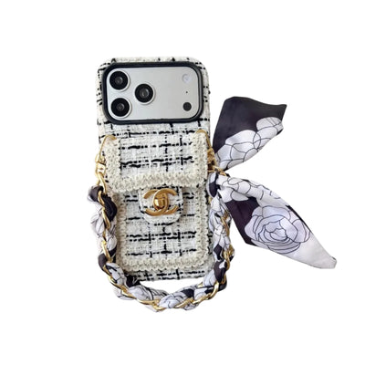 Luxury Tweed Designer Phone Case Classic Purse Style with Scarf Chain