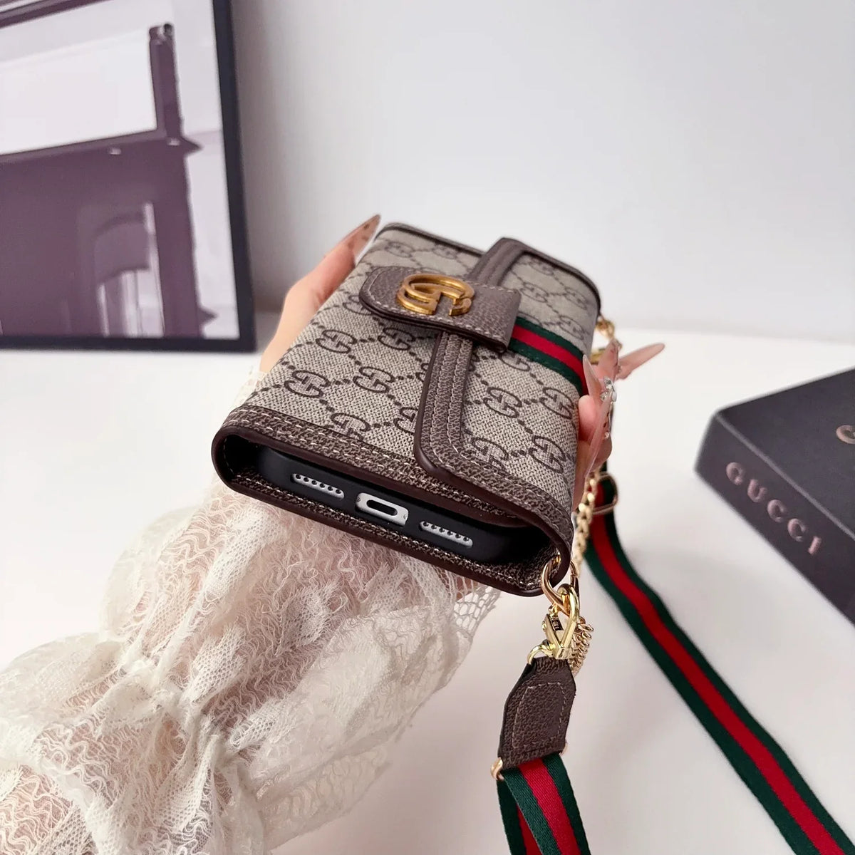 Classic Leather GG iPhone Case with Flip Wallet and Crossbody Strap For iPhone 12-18 Pro & Pro Max
