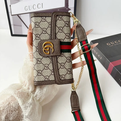 Classic Leather GG iPhone Case with Flip Wallet and Crossbody Strap For iPhone 12-18 Pro & Pro Max