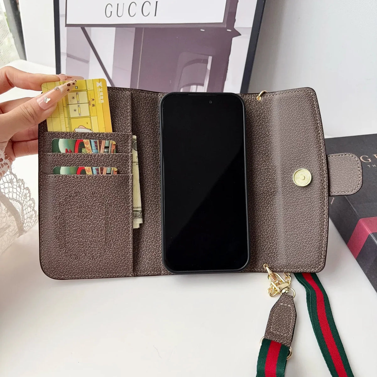 Classic Leather GG iPhone Case with Flip Wallet and Crossbody Strap For iPhone 12-18 Pro & Pro Max