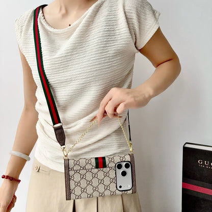 Classic Leather GG iPhone Case with Flip Wallet and Crossbody Strap For iPhone 12-18 Pro & Pro Max